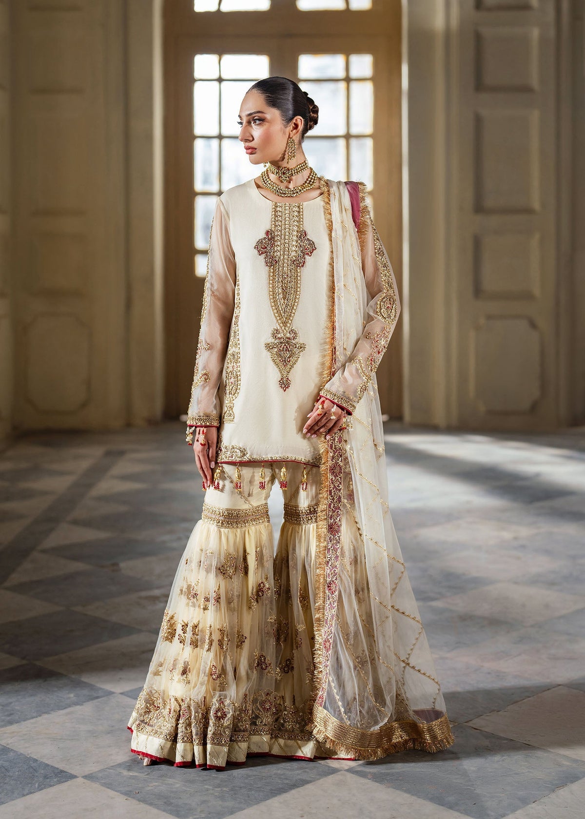 Zaina ivory gharara suit, reference outfit photograph 1 — Made by Mairaz reproduction