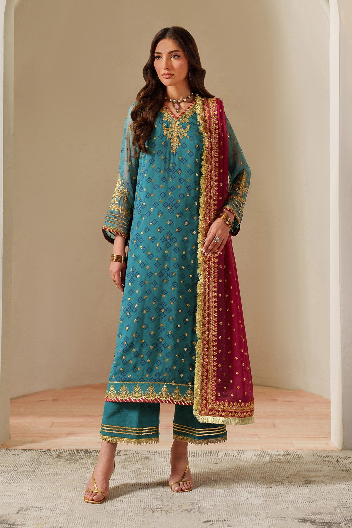 Alizeh Elaira Style — Mairaz Zinc & Maroon Three-Piece Suit