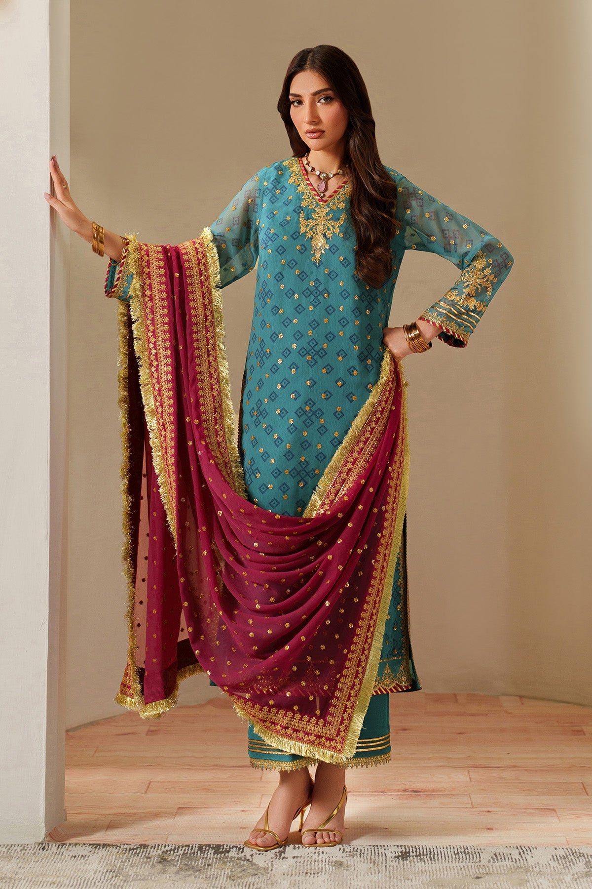 Alizeh Elaira Style — Mairaz Zinc & Maroon Three-Piece Suit