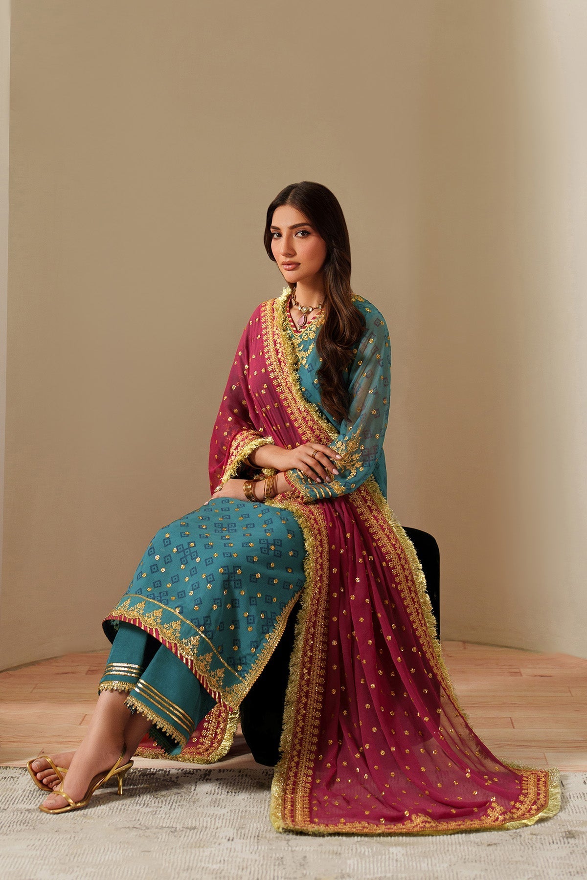 Alizeh Elaira Style — Mairaz Zinc & Maroon Three-Piece Suit