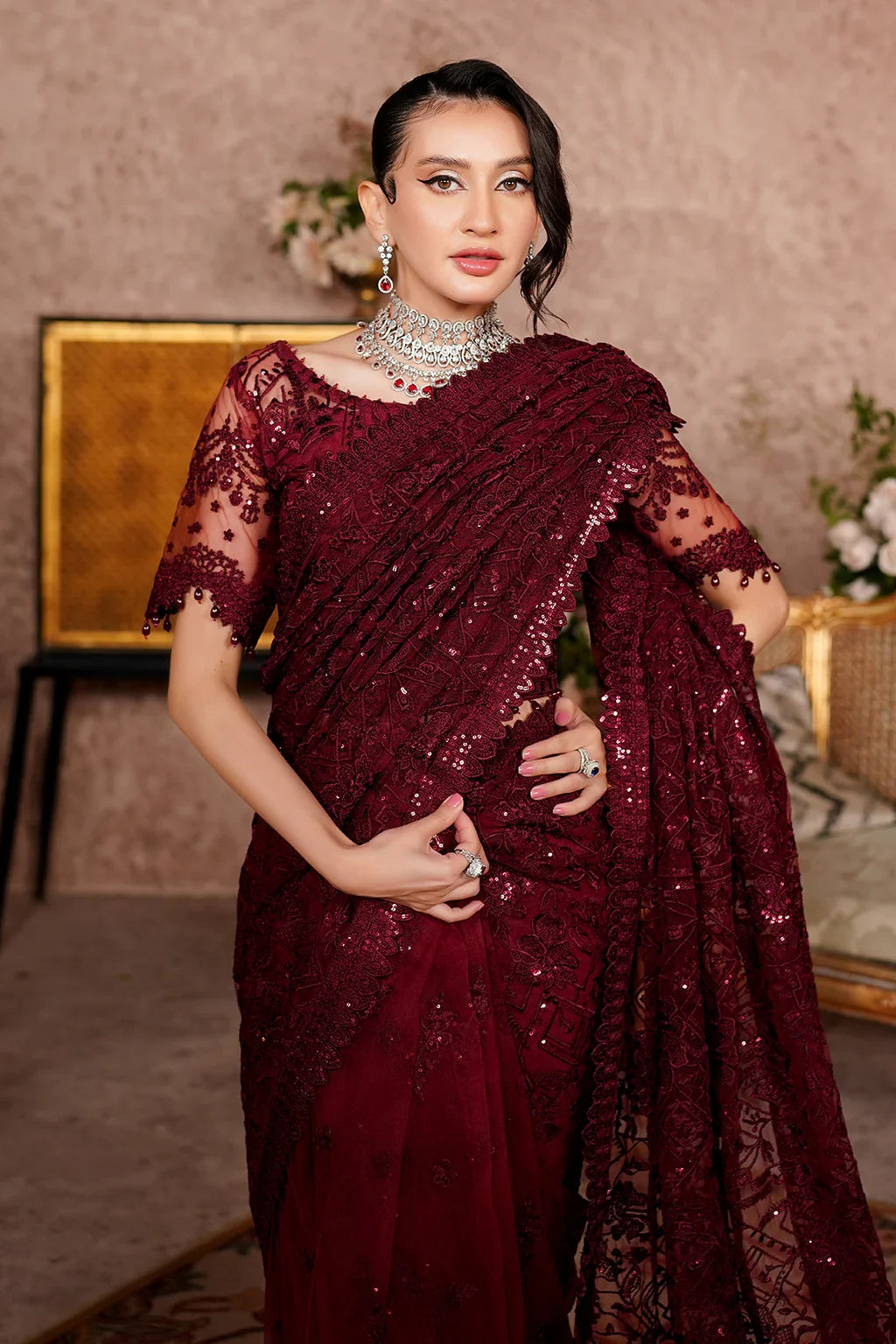 Maryams Ariella ARZ-8001 Style — Mairaz Maroon Three-Piece Suit
