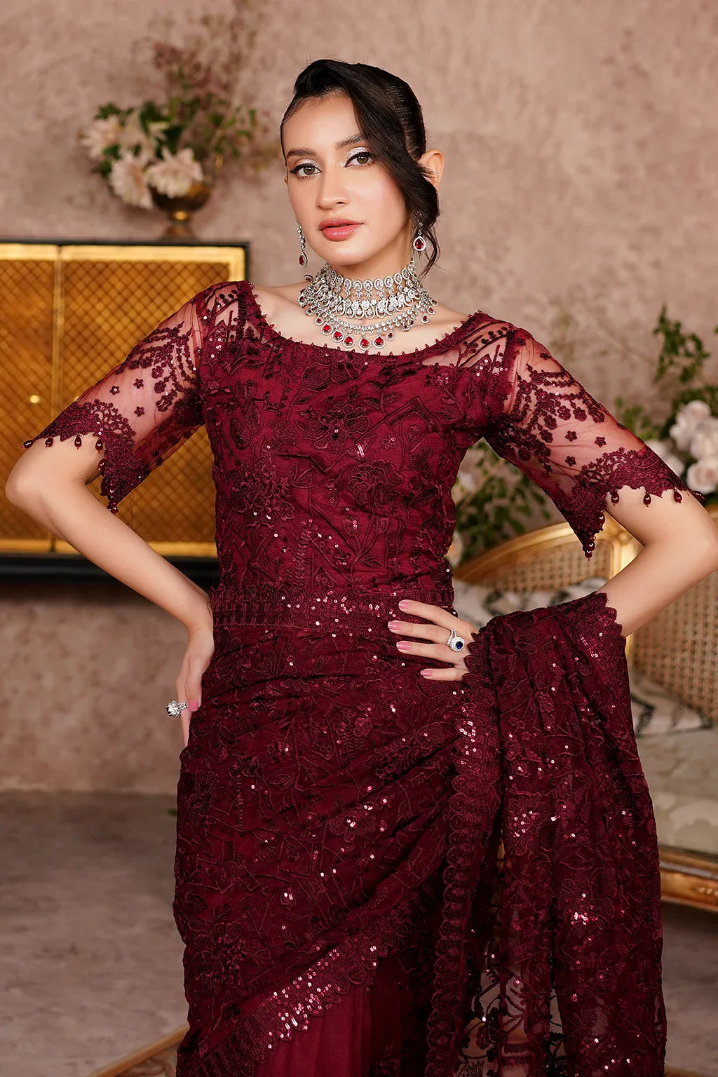 Maryams Ariella ARZ-8001 Style — Mairaz Maroon Three-Piece Suit