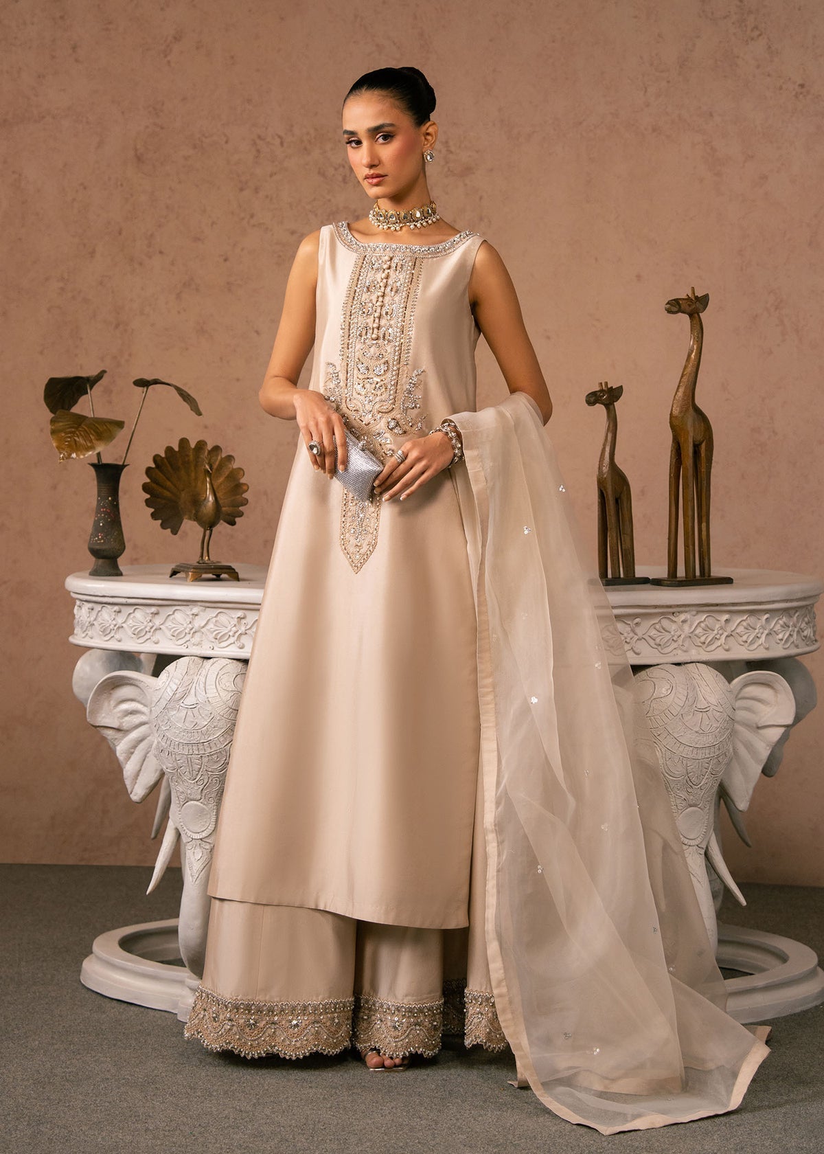 Farida Hasan Anaya — Mairaz champagne beige silk suit