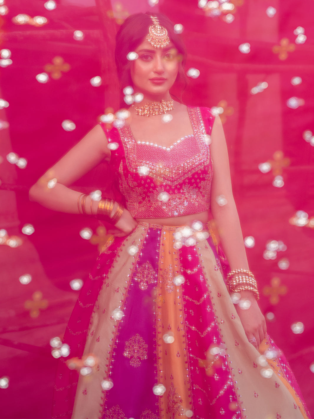 Mala magenta lehenga set front view showing embroidered skirt