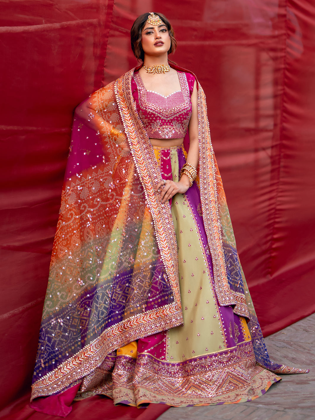 Mala lehenga set front view with ombre dupatta and embroidered skirt panels