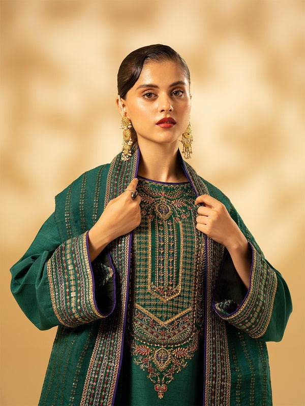 Fozia Khalid Emerald Craftsmanship Style — Mairaz Green Three-Piece Suit