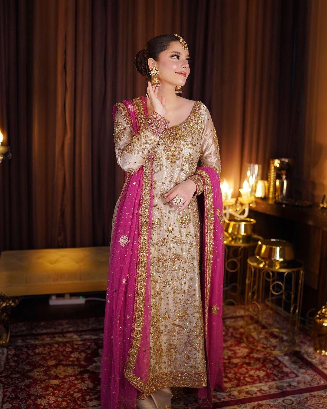 Haris Shakeel style — Mairaz gold and pink three-piece suit reference, view 1 of 4
