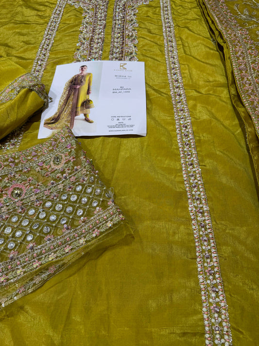 Hussain Rehar Mahpara Style — Mairaz Yellow Three-Piece Suit