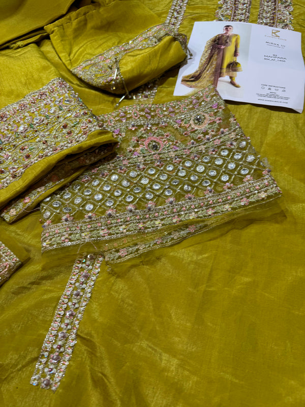 Hussain Rehar Mahpara Style — Mairaz Yellow Three-Piece Suit