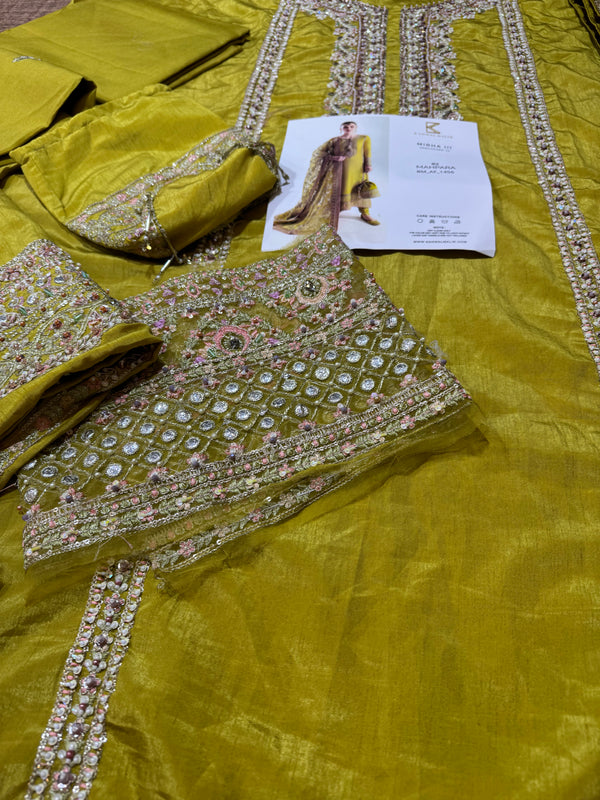 Hussain Rehar Mahpara Style — Mairaz Yellow Three-Piece Suit