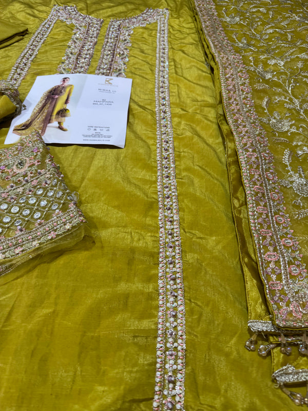 Hussain Rehar Mahpara Style — Mairaz Yellow Three-Piece Suit