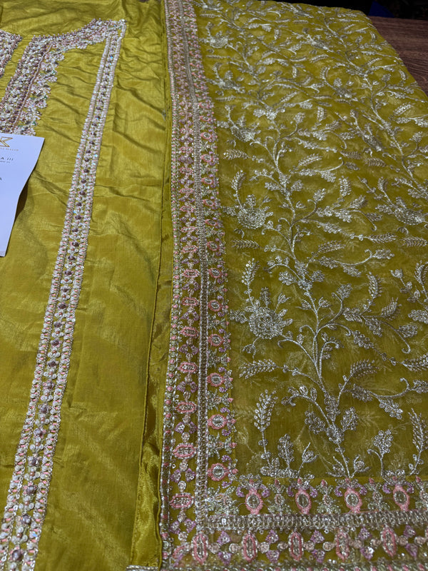 Hussain Rehar Mahpara Style — Mairaz Yellow Three-Piece Suit