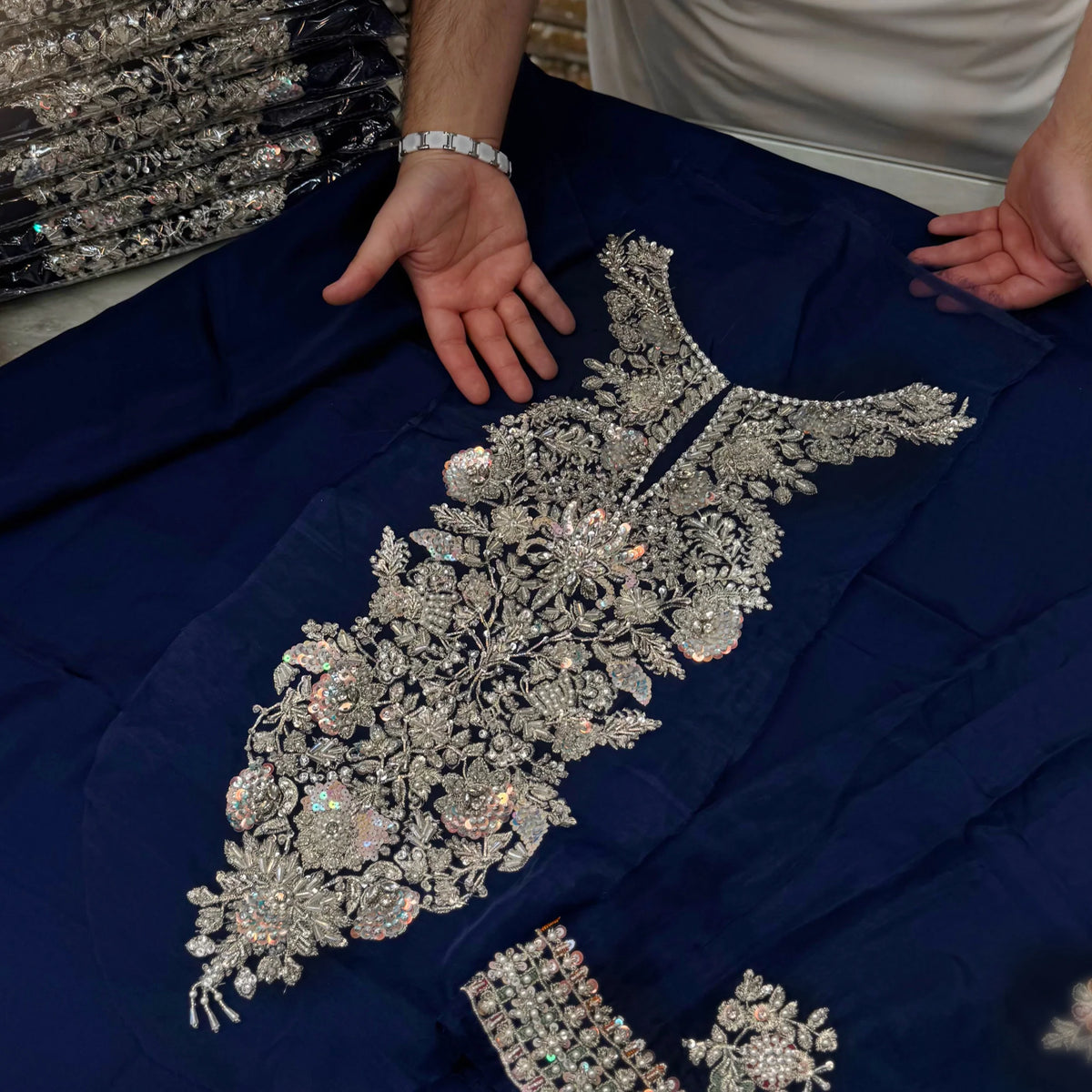 Hussain Rehar – Saxe Style, silver floral embroidery panel detail