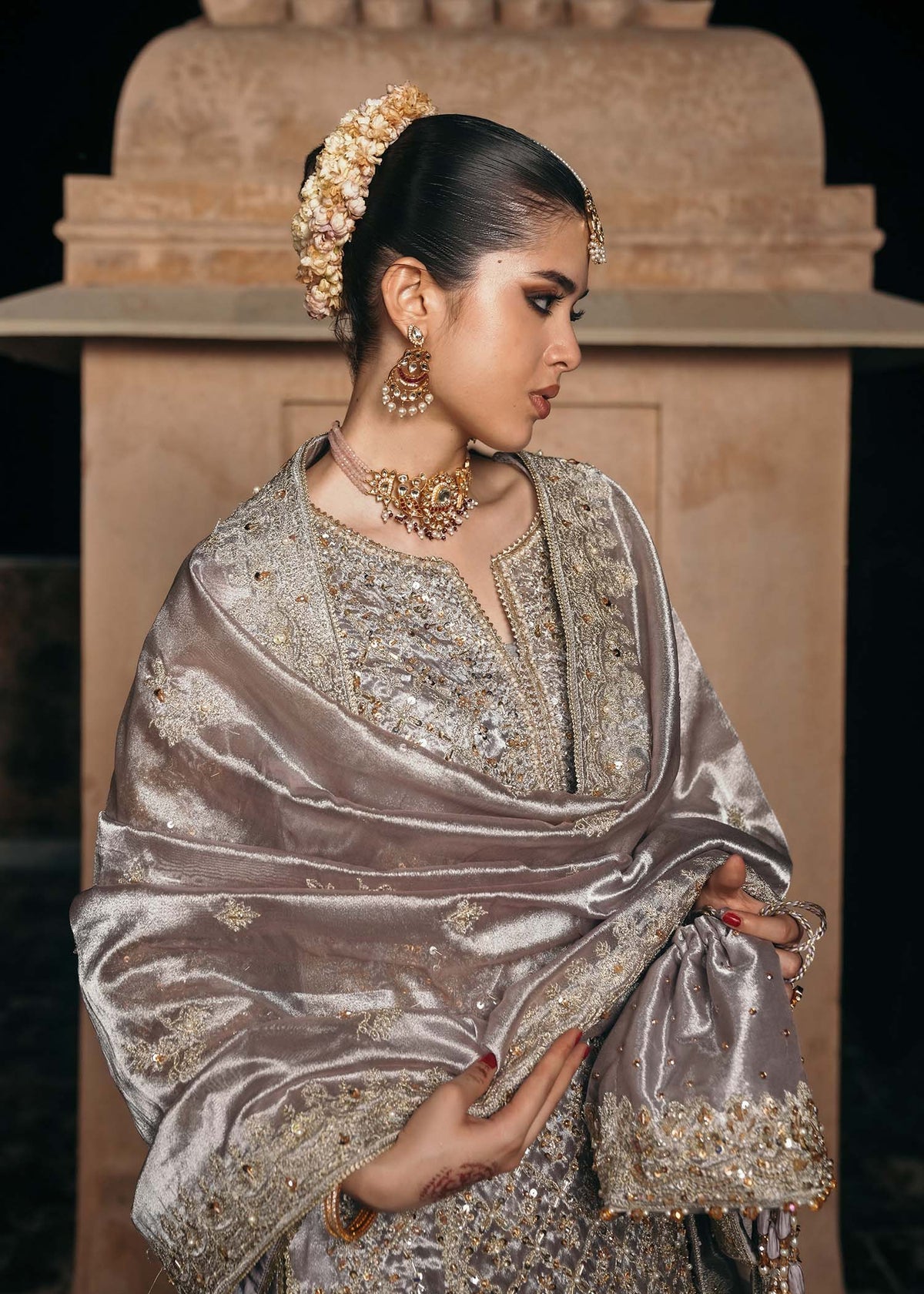 Kanwal Malik Gulnaar Style — Mairaz Silver Mauve Three-Piece Suit