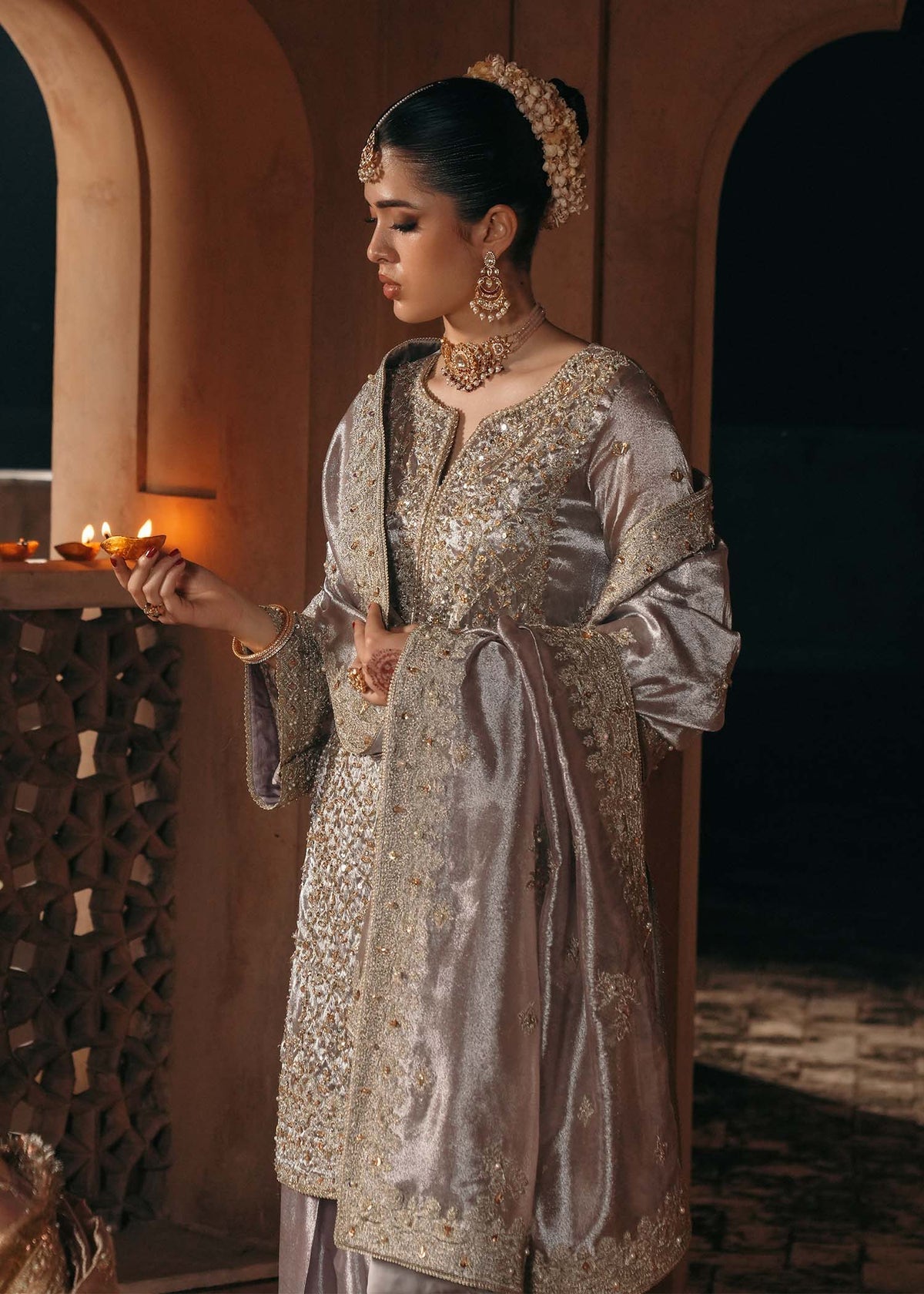Kanwal Malik Gulnaar Style — Mairaz Silver Mauve Three-Piece Suit