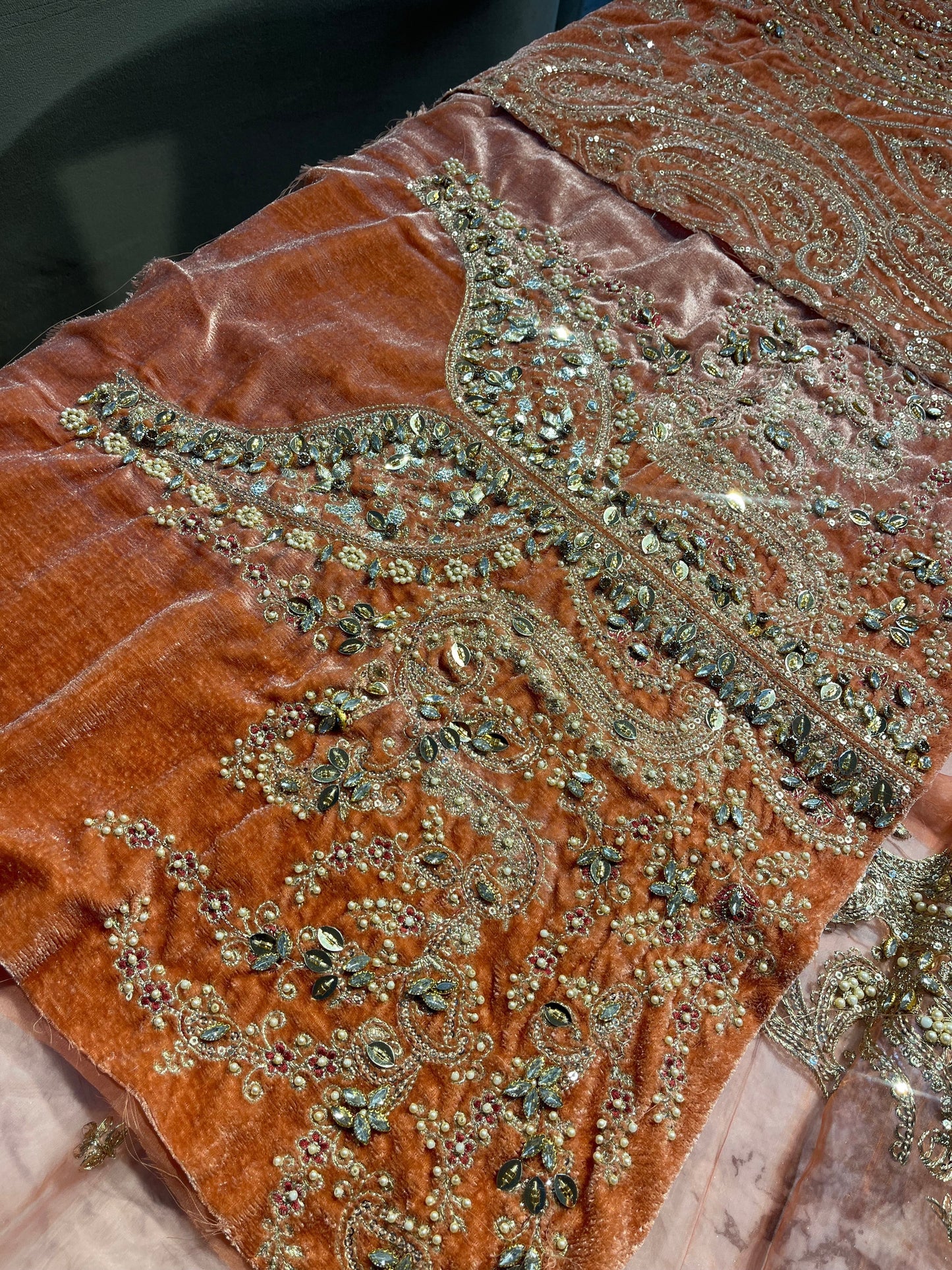Maria B Mbroidered gold embroidery detail on velvet fabric