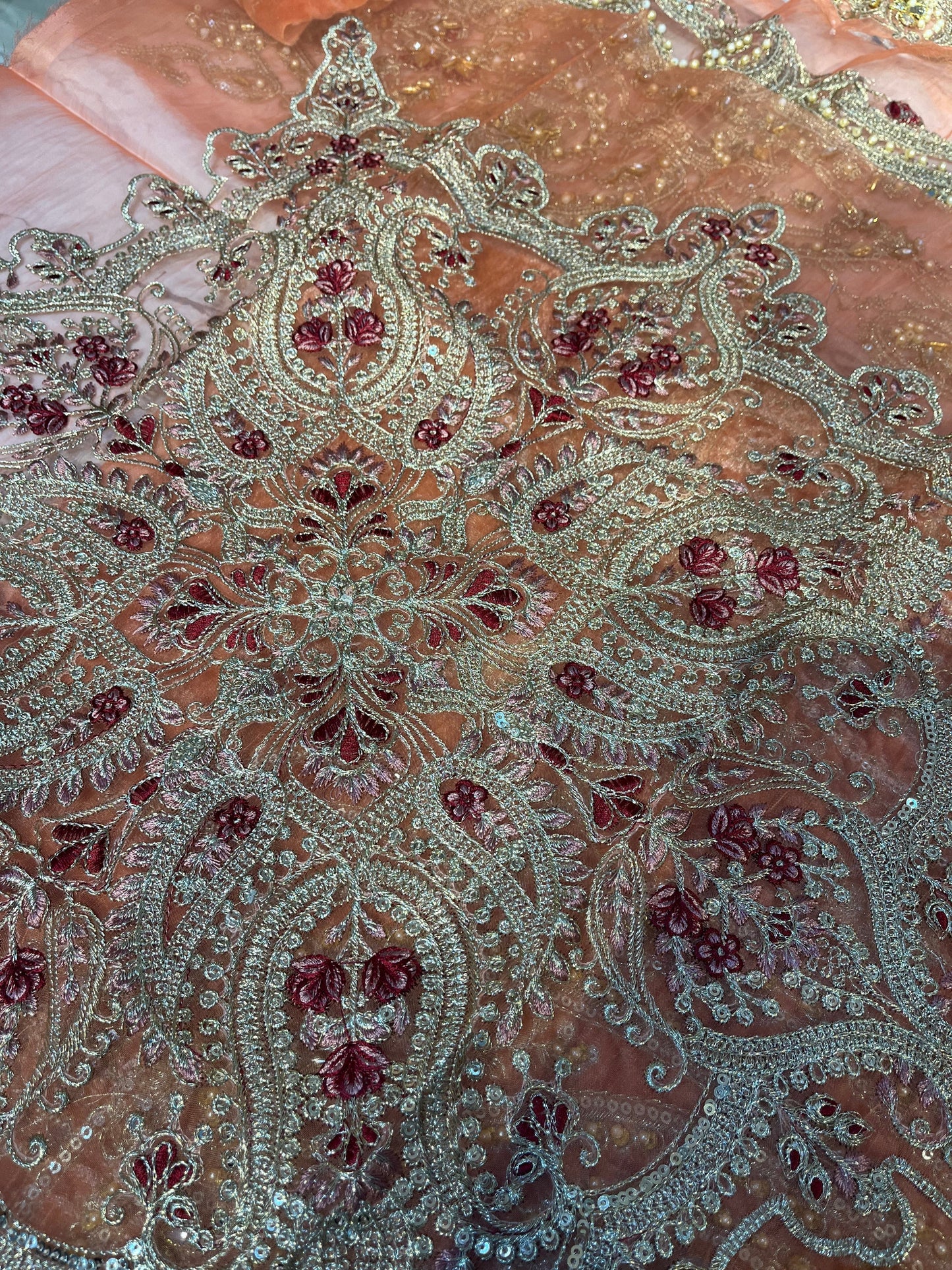 Maria B Mbroidered close-up of embroidered net panel with floral thread work