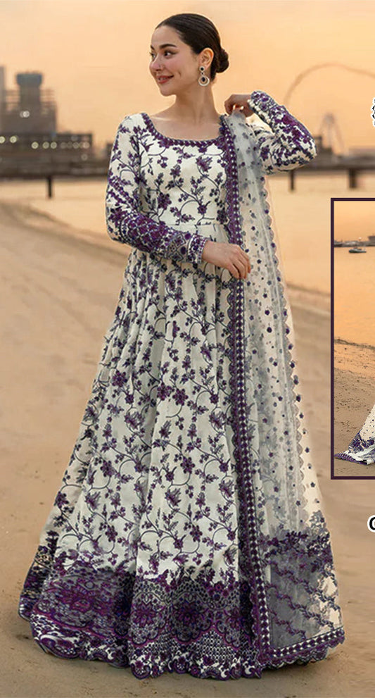 Faiza Saqlain Jehona Style — Mairaz White & Purple Lawn Suit