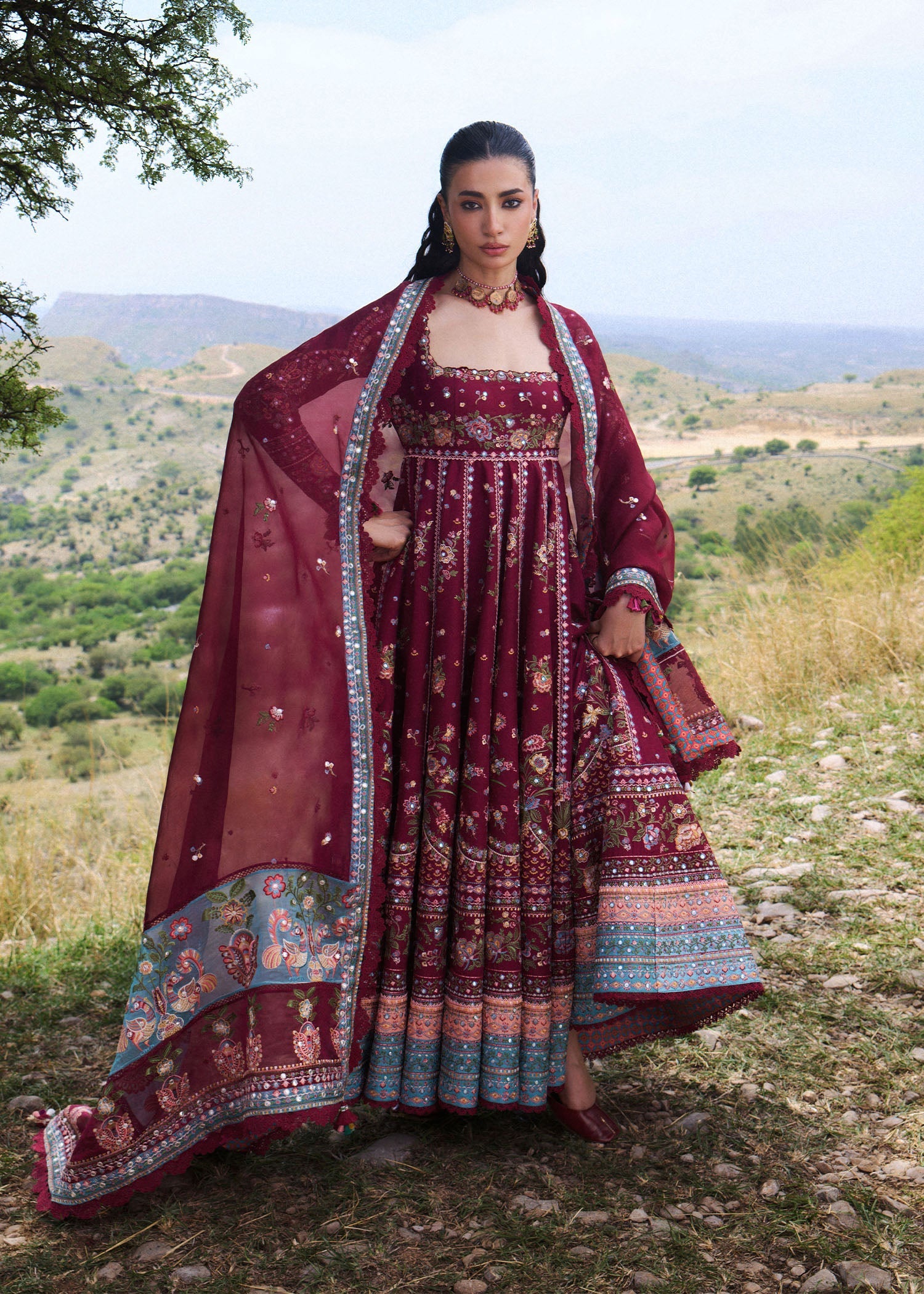 Hussain Rehar Nousheen style — Mairaz maroon three-piece suit reference, view 2 of 4