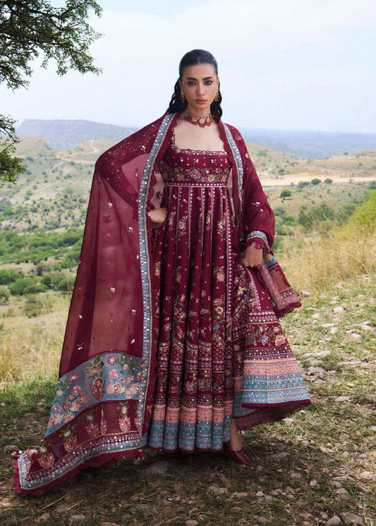 Hussain Rehar Nousheen style — Mairaz maroon three-piece suit reference, view 2 of 4