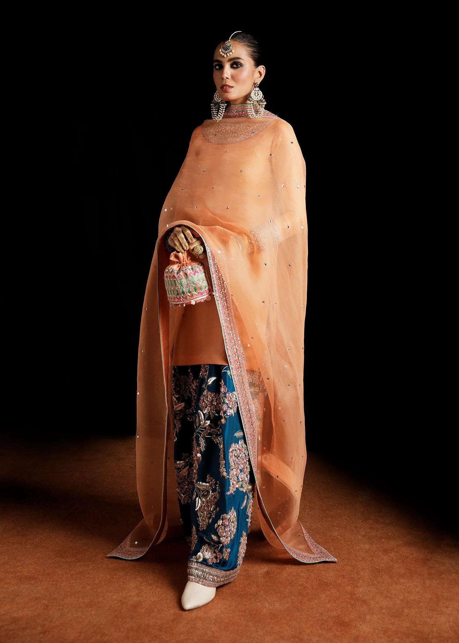 Hussain Rehar Vaskas Style — Mairaz Peach & Teal Three-Piece Suit