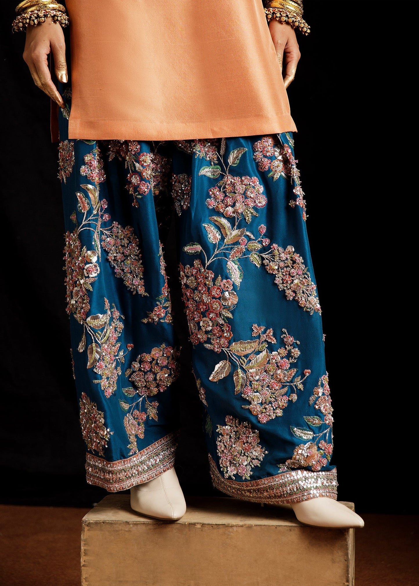 Hussain Rehar Vaskas Style — Mairaz Peach & Teal Three-Piece Suit