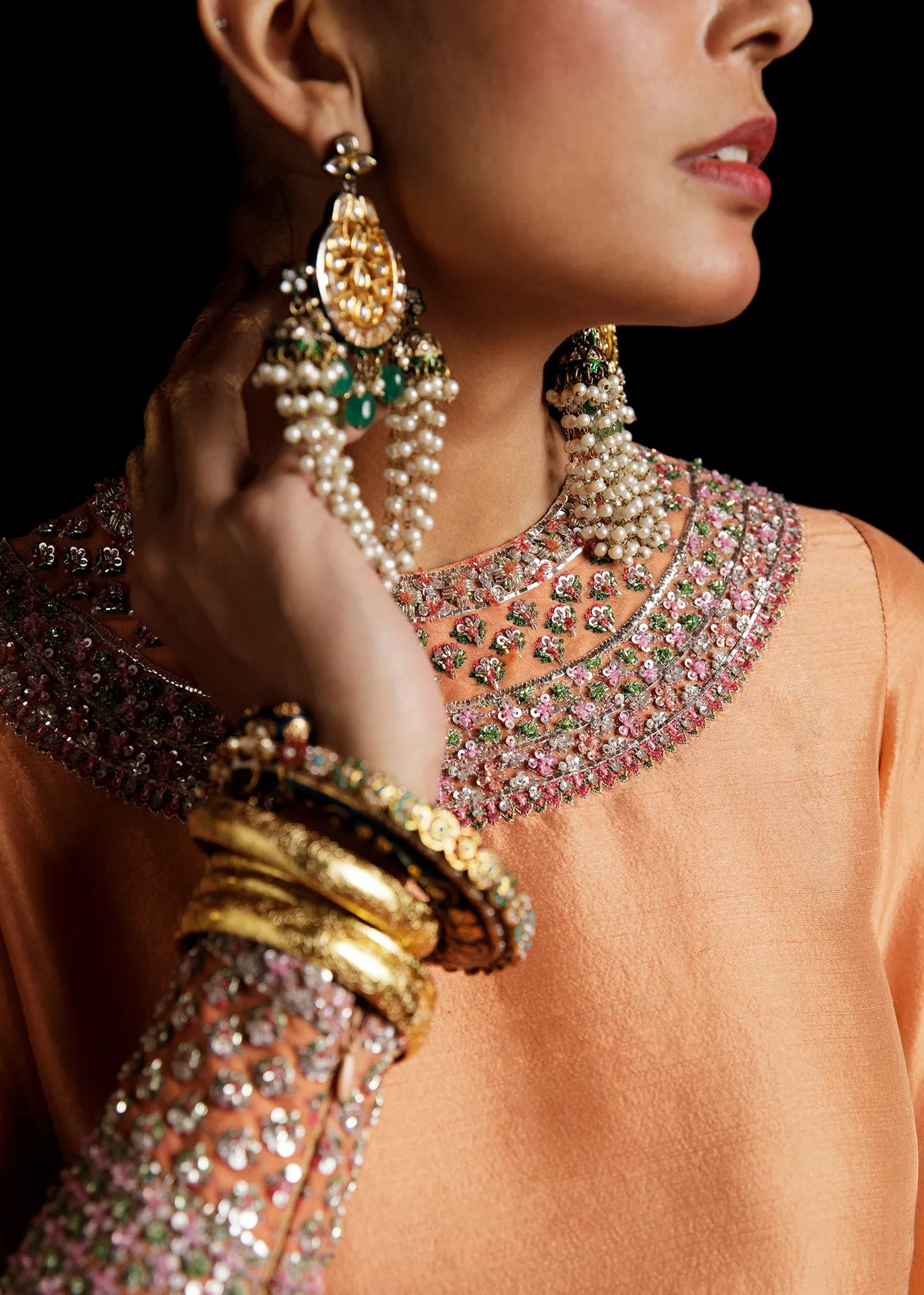 Hussain Rehar Vaskas Style — Mairaz Peach & Teal Three-Piece Suit