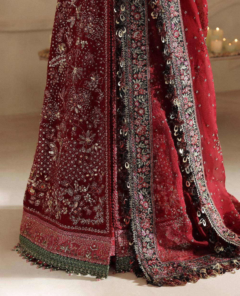 Republic Womenswear Lucienne deep red lehenga skirt embroidery and border detail