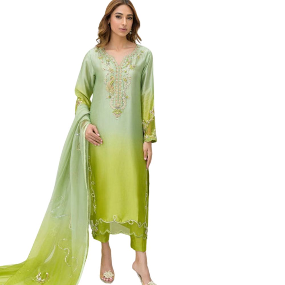 Aqsa Bajwa Jeena Style — Mairaz Lime Ombre Three-Piece Suit