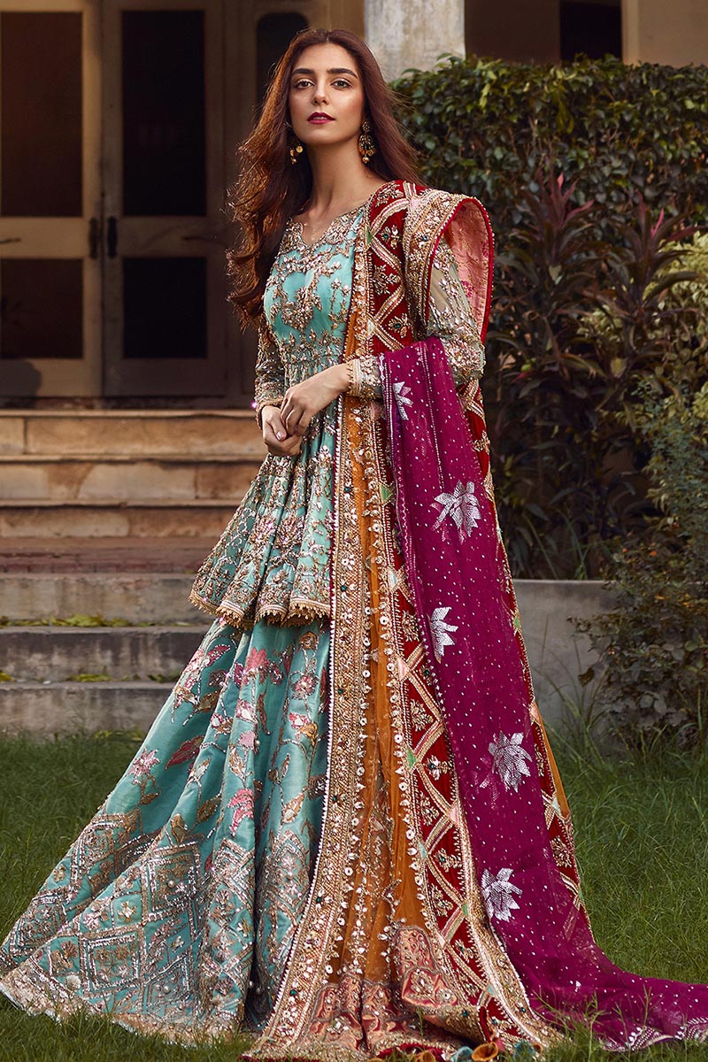 Mohsin Naveed Ranjha Ronaq Jahan style — Mairaz sky blue bridal lehenga reference, view 1 of 4