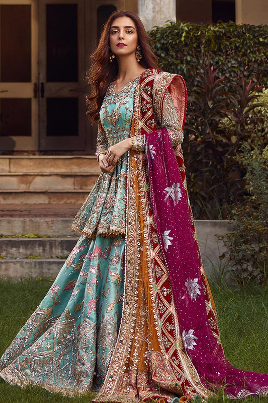 Mohsin Naveed Ranjha Ronaq Jahan style — Mairaz sky blue bridal lehenga reference, view 1 of 4