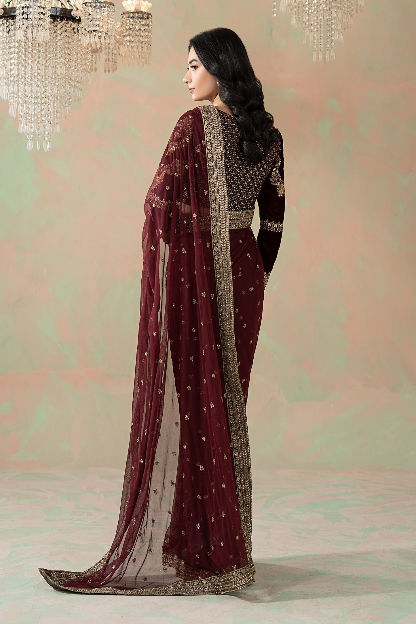 Maria B Embroidered Net Saree style — Mairaz maroon saree reference, view 9 of 9