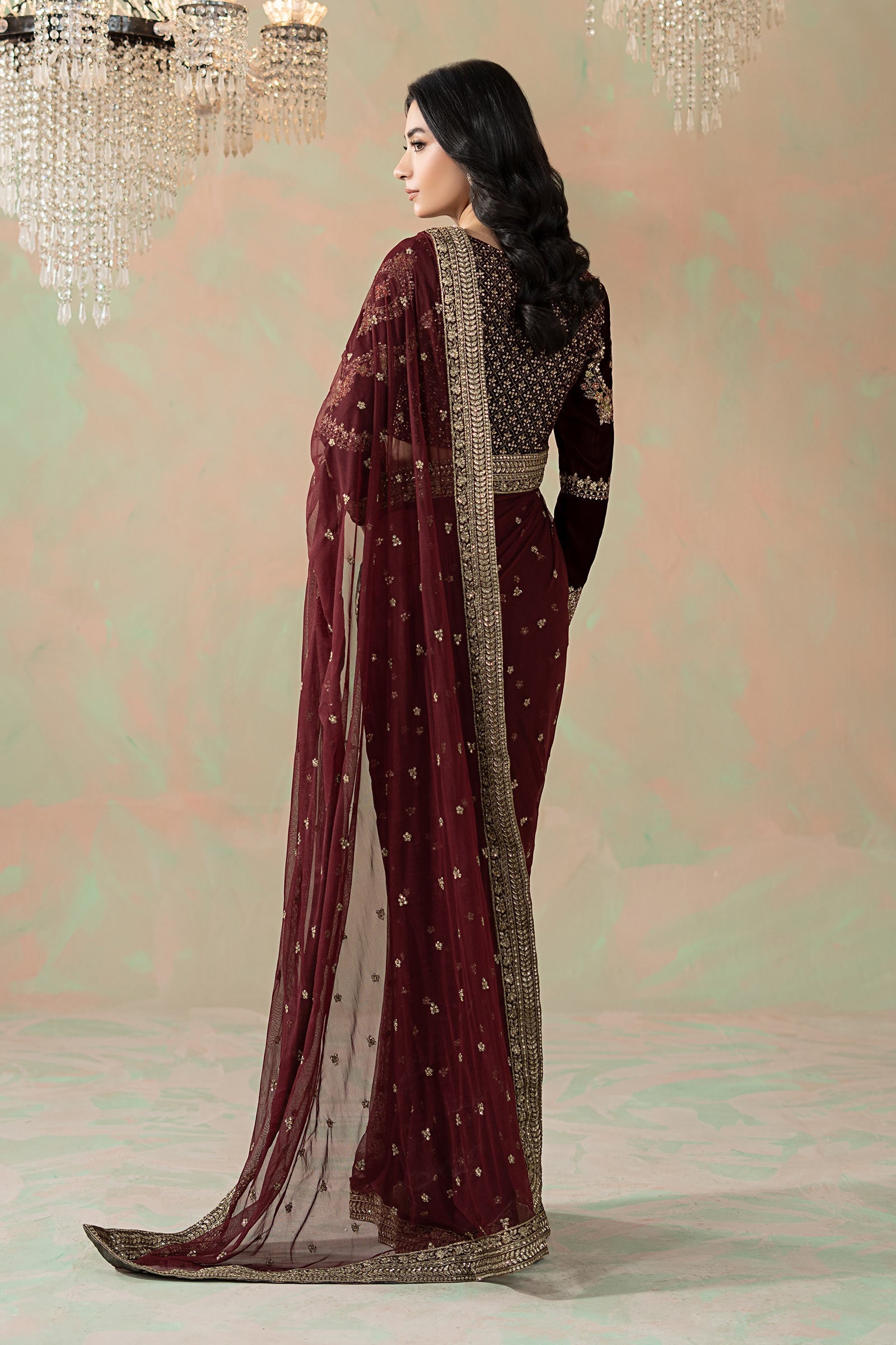 Maria B Embroidered Net Saree style — Mairaz maroon saree reference, view 9 of 9
