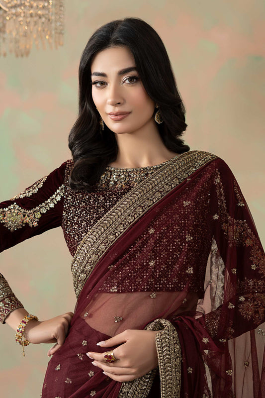 Maria B Embroidered Net Saree style — Mairaz maroon saree reference, view 2 of 9