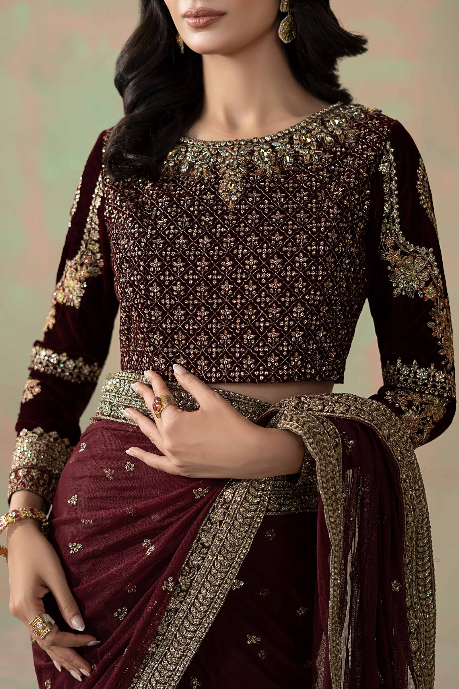 Maria B Embroidered Net Saree style — Mairaz maroon saree reference, view 5 of 9