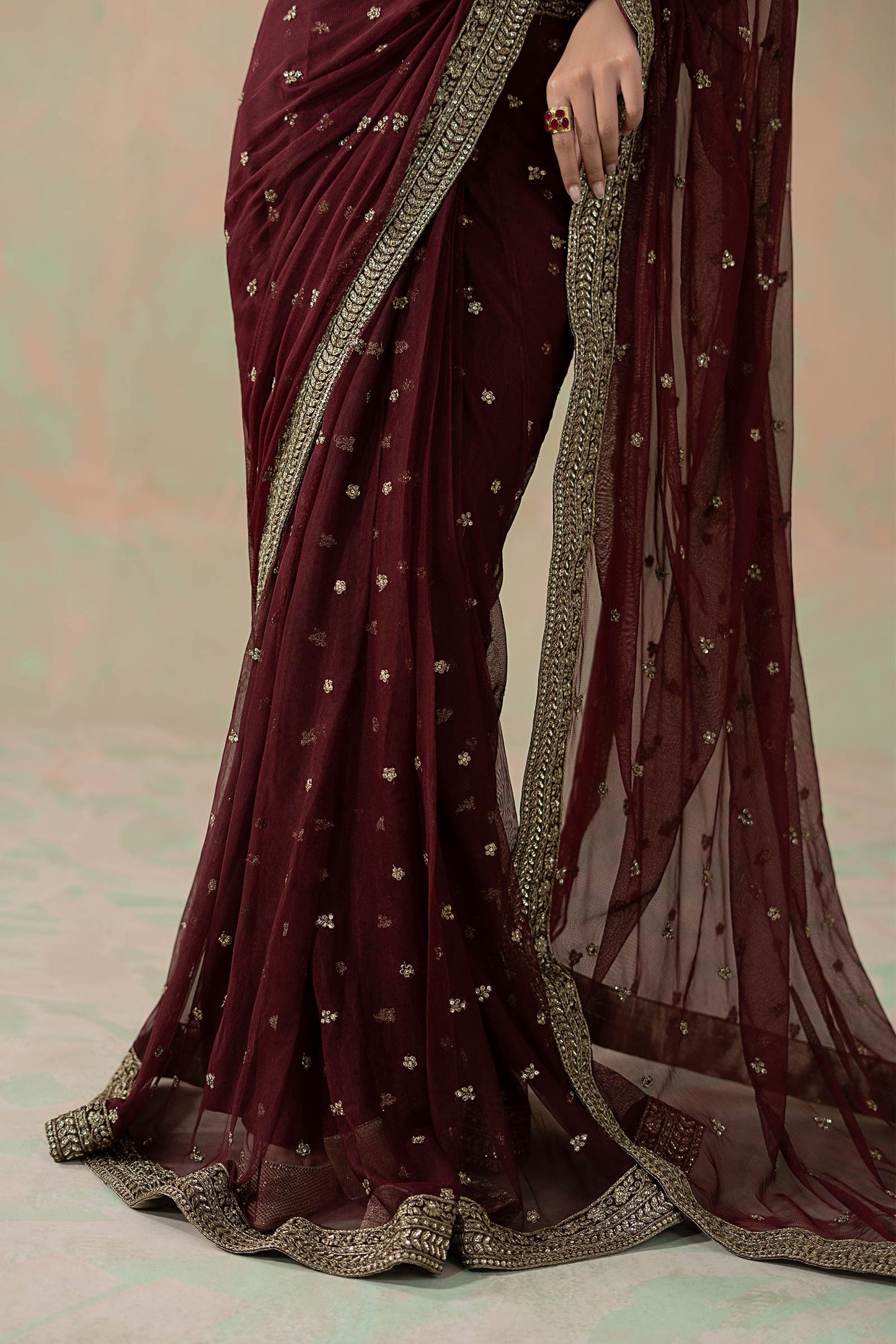 Maria B Embroidered Net Saree style — Mairaz maroon saree reference, view 6 of 9