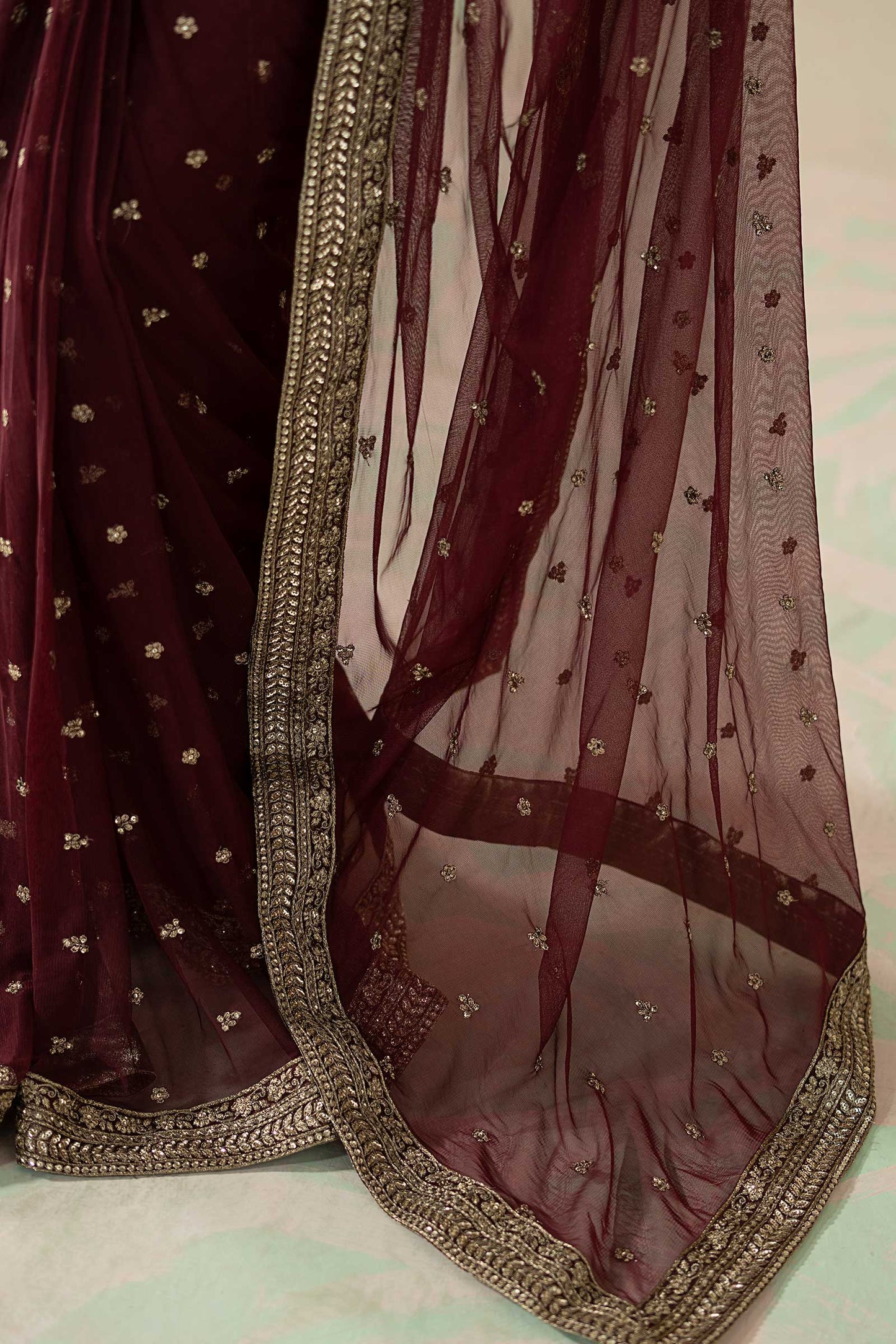 Maria B Embroidered Net Saree style — Mairaz maroon saree reference, view 7 of 9