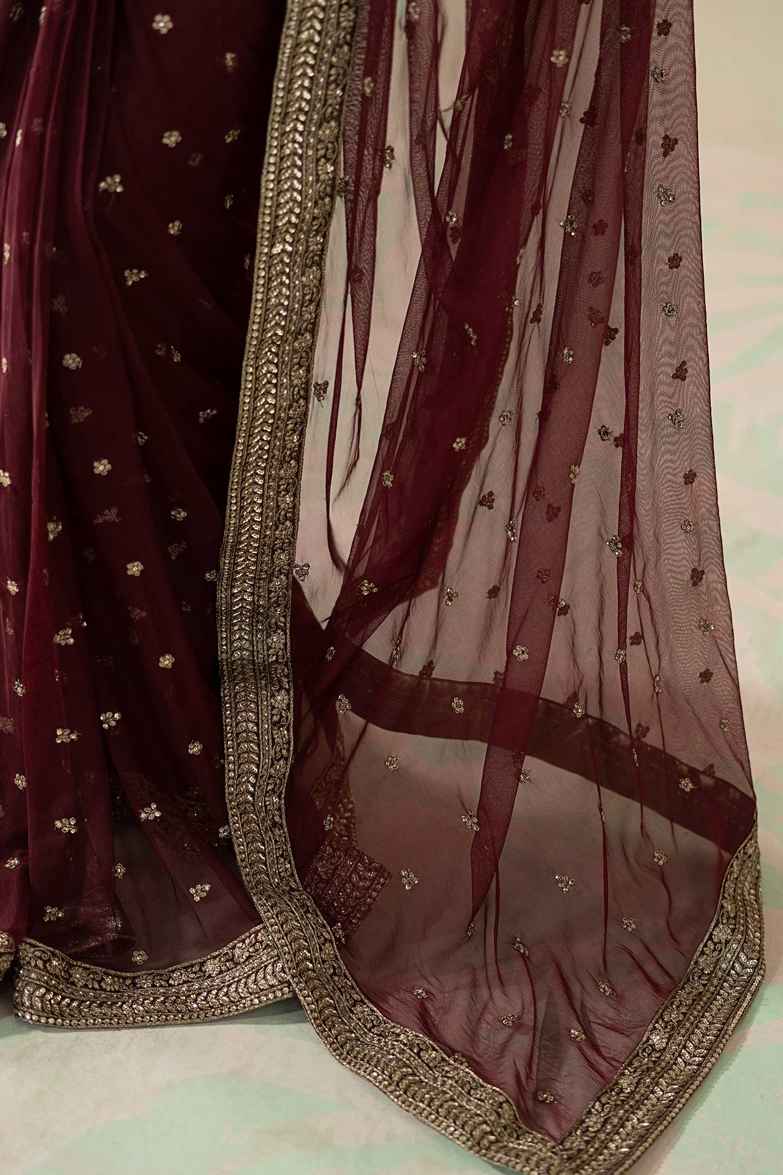 Maria B Embroidered Net Saree style — Mairaz maroon saree reference, view 7 of 9