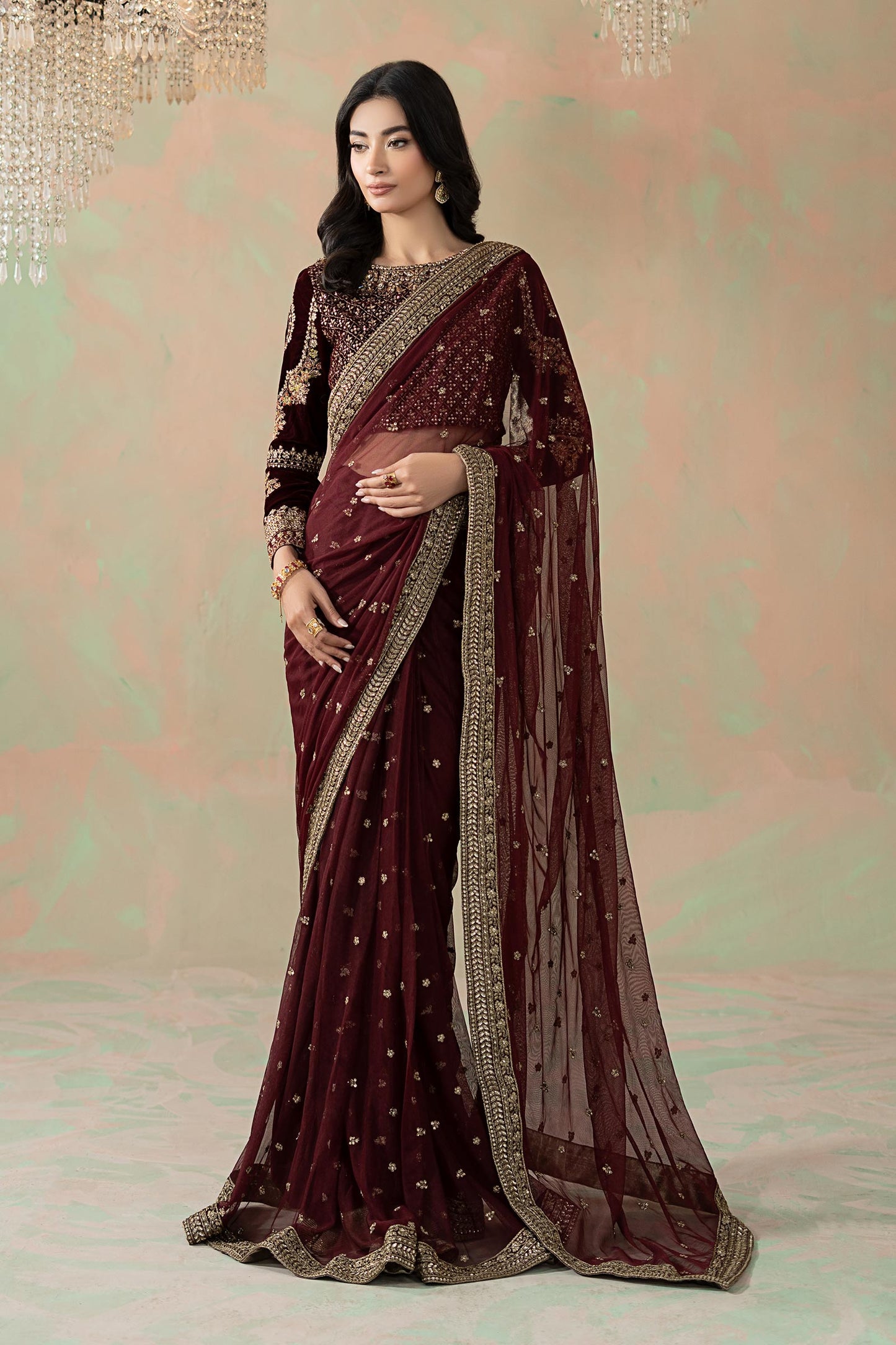 Maria B Embroidered Net Saree style — Mairaz maroon saree reference, view 1 of 9