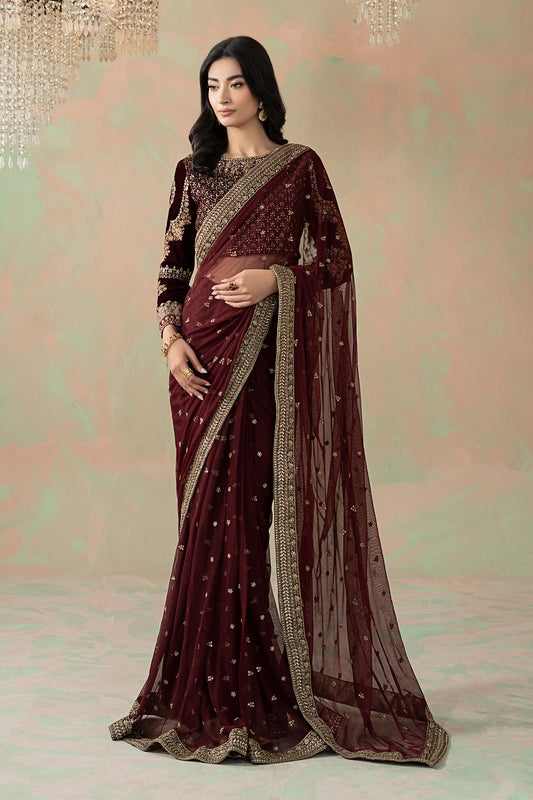 Maria B Embroidered Net Saree style — Mairaz maroon saree reference, view 1 of 9