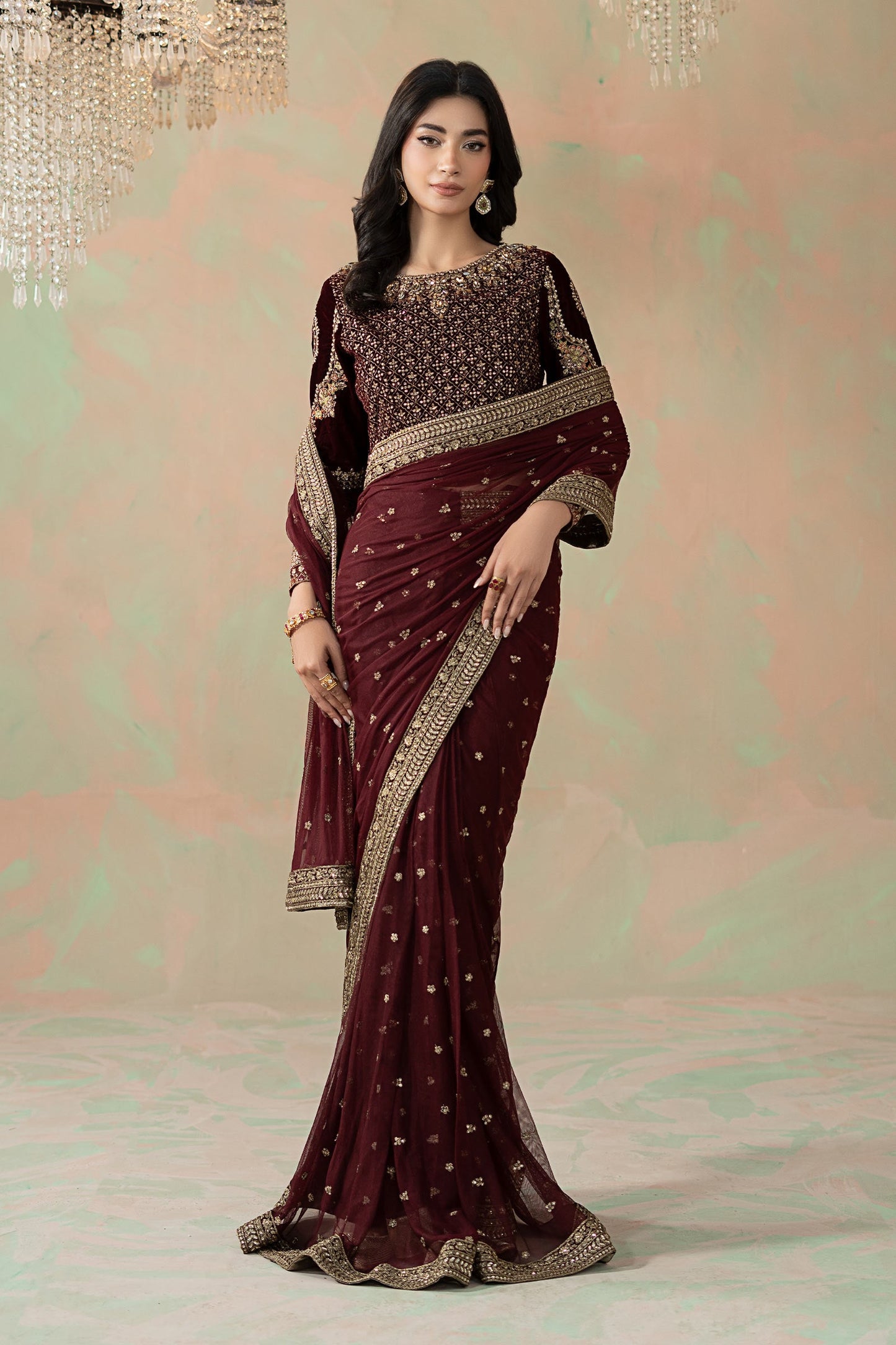 Maria B Embroidered Net Saree style — Mairaz maroon saree reference, view 3 of 9