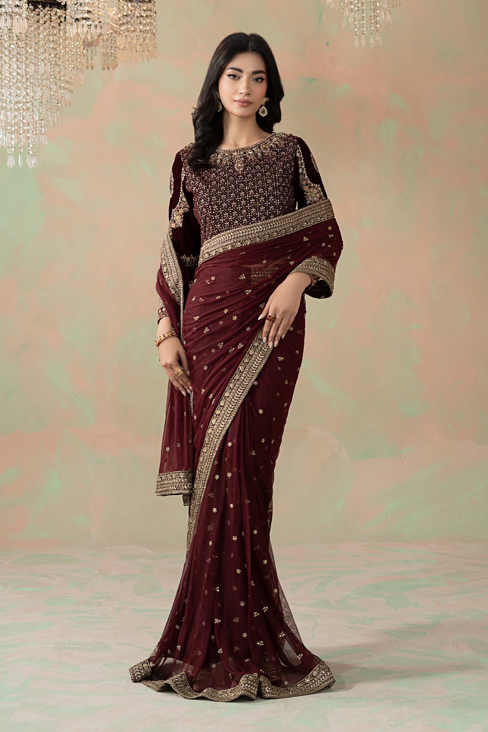 Maria B Embroidered Net Saree style — Mairaz maroon saree reference, view 3 of 9