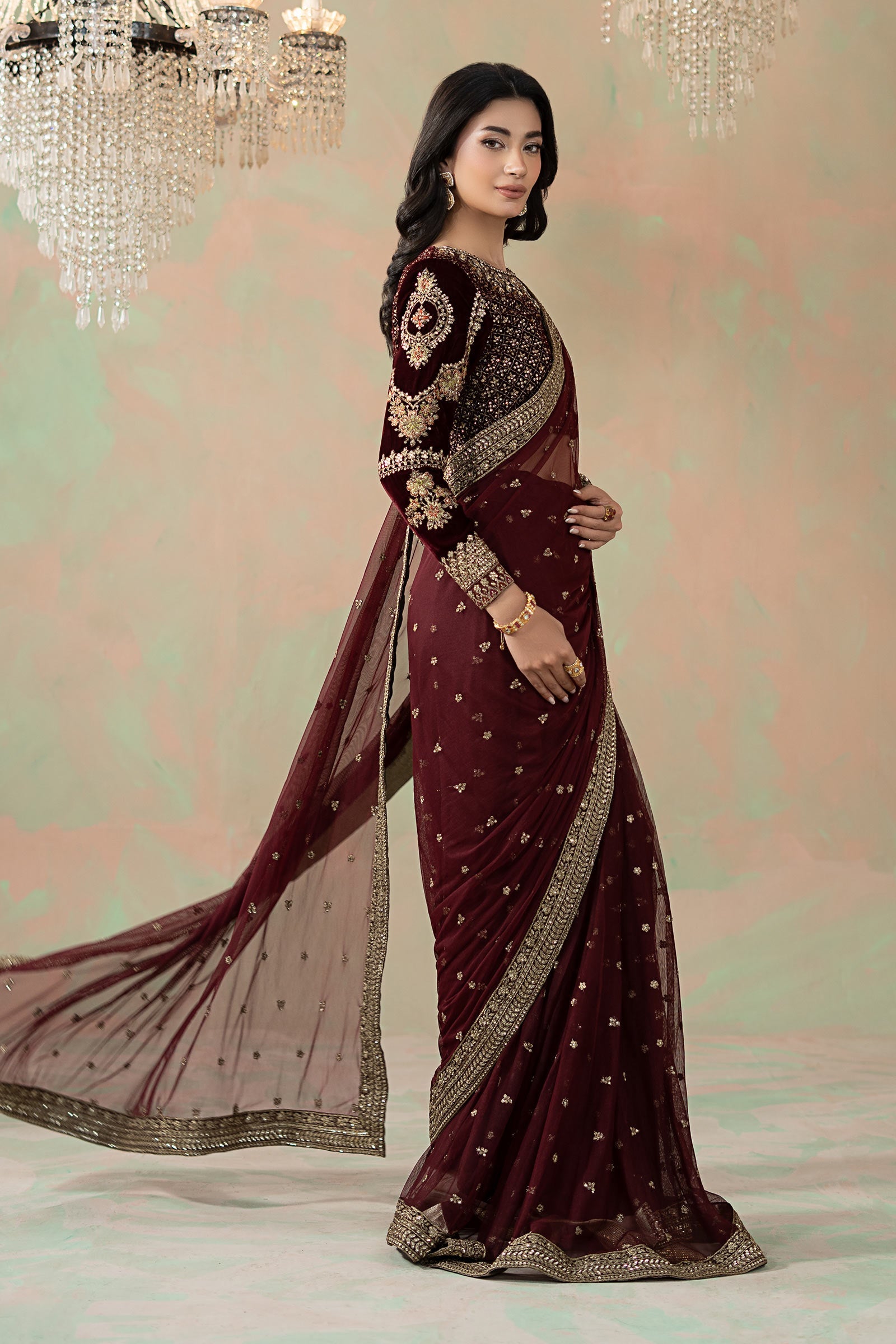 Maria B Embroidered Net Saree style — Mairaz maroon saree reference, view 8 of 9