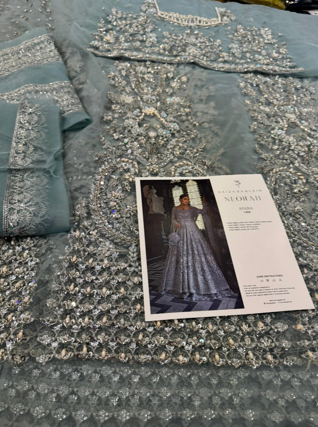 Faiza Saqlain – Ayana Style, ice blue embroidered fabric with design reference card