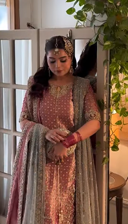 Haris Shakeel style — Mairaz rose and rust ombré three-piece suit reference, view 4 of 4
