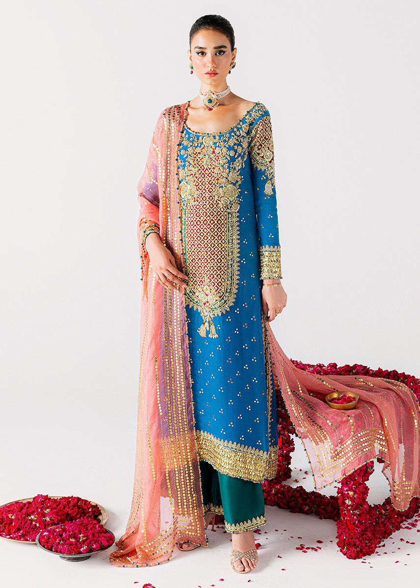 Sara Rohale Asghar Shab Ayin Style — Mairaz Shirt: Teal, Trousers: Turquoise-Green, Dupatta: Coral Three-Piece Suit