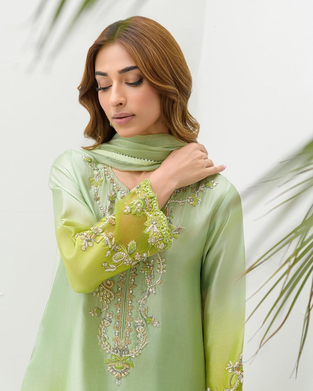 Aqsa Bajwa Jeena Style — Mairaz Lime Ombre Three-Piece Suit