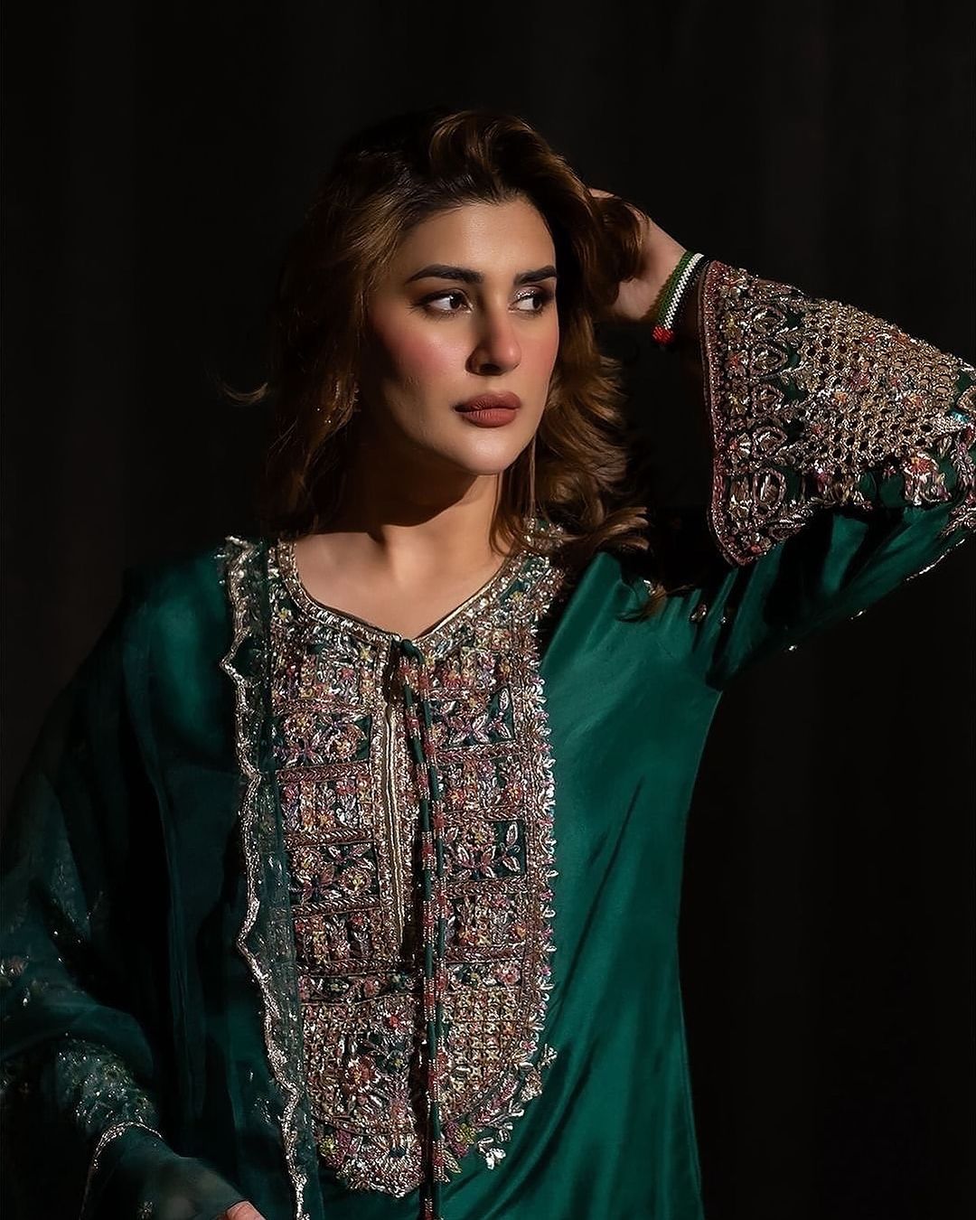 Kubra emerald green formal outfit detail of embroidered front placket