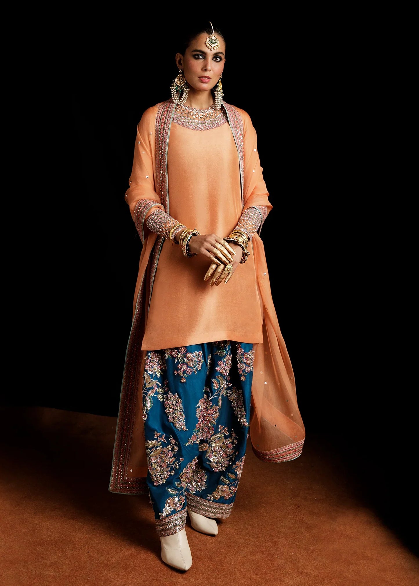 Hussain Rehar Vaskas Style — Mairaz Peach & Teal Three-Piece Suit