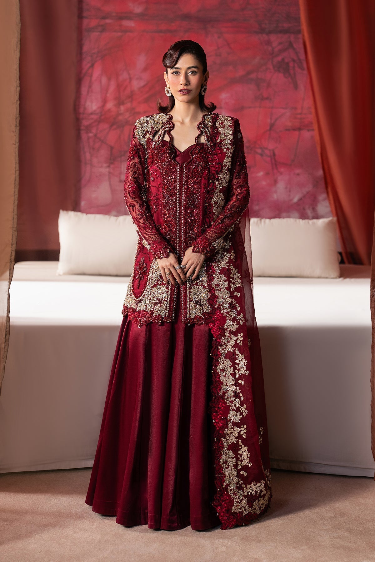 Afrozeh Rawayaat Style — Mairaz Crimson Red Three-Piece Suit